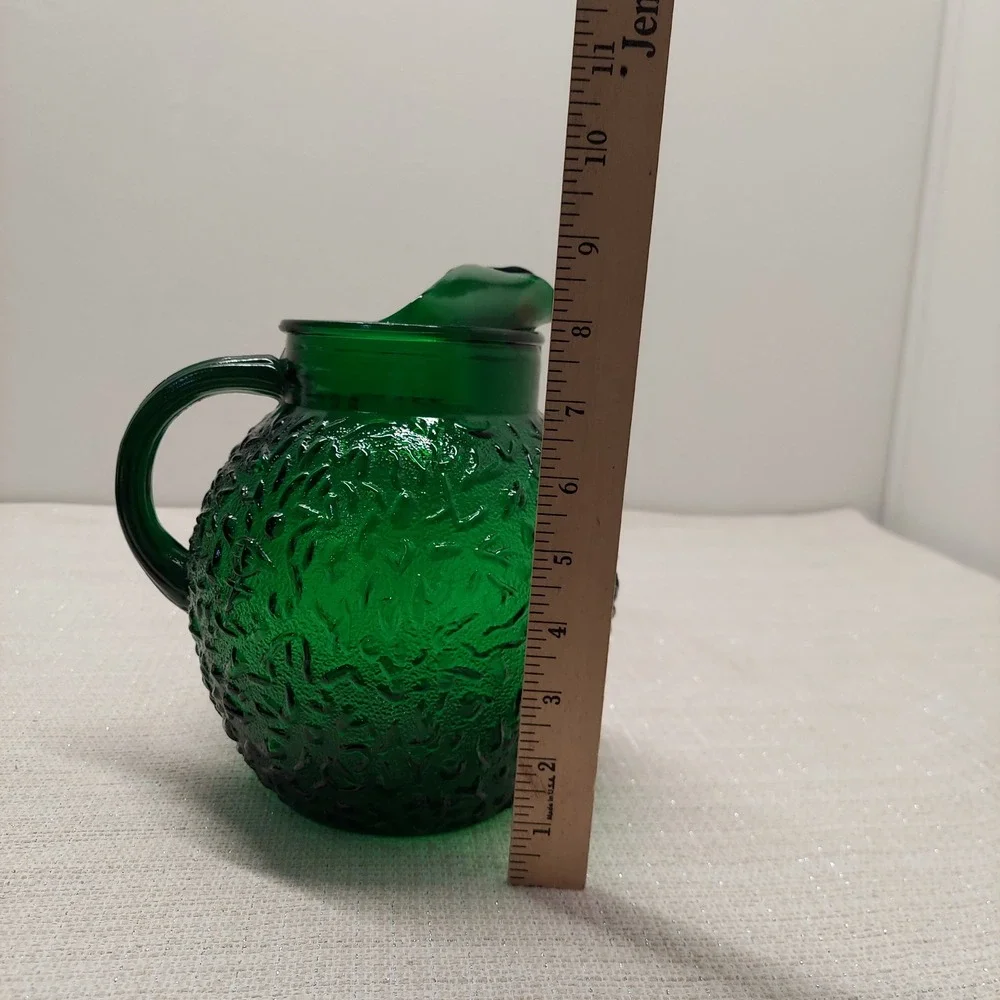 Vtg Anchor Hocking Lido Milano Forest Emerald Green Crinkle Ball Pitcher Ice Lip